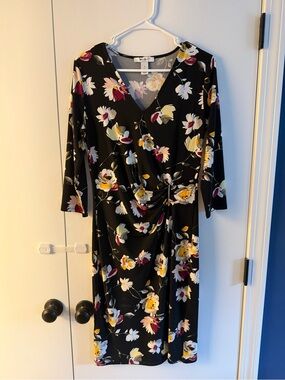White House Black Market Black Floral Faux-Wrap Midi Dress